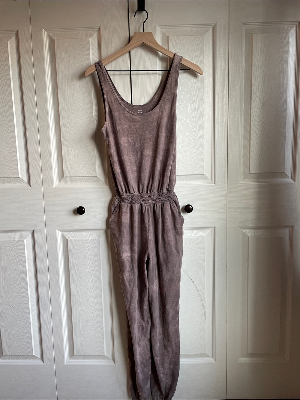 Aerie Soft Taupe Sleeveless Jumpsuit with Smocked Waist